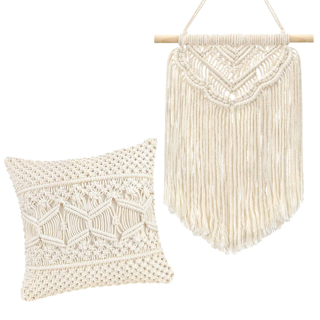BOHO MACRAME SEINÄKORISTE SISUSTUSSETTI + ECRU TYYNY