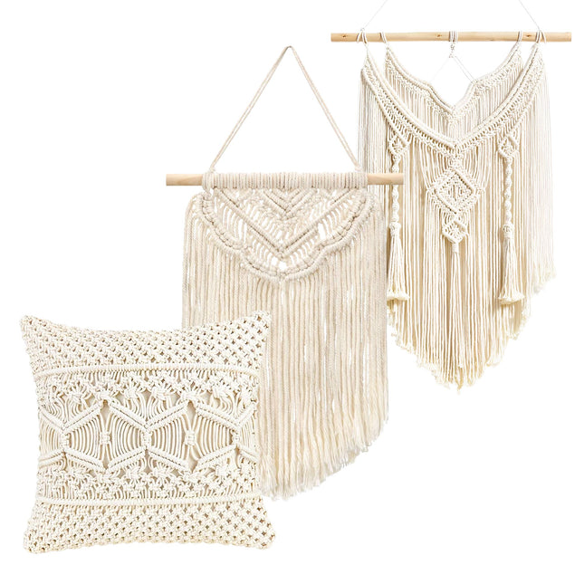 SISUSTUSSETTI SEINÄKORISTE KAKSI BOHO MACRAME + ECRU TYYNY