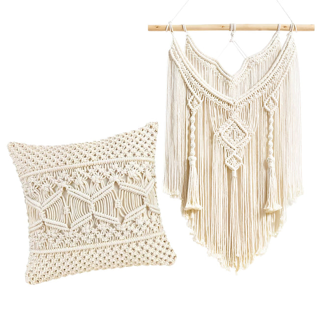 BOHO MACRAME SEINÄKORISTE SISUSTUSSETTI + ECRU TYYNY